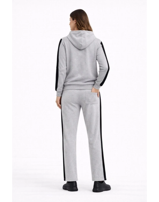 KADIN Yandan Şeritli Eşofman Takım Kapüşonlu Sweatshirt Boru Paça Alt Oversize 3 - Gri