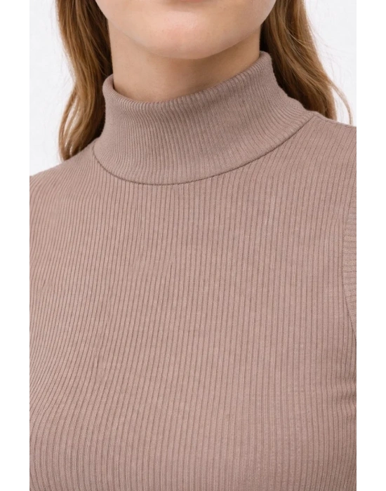 Kadın Yarım Balıkçı Yaka Fitilli Kaşkorse Atlet Basic Şık Bluz Badi - Bej