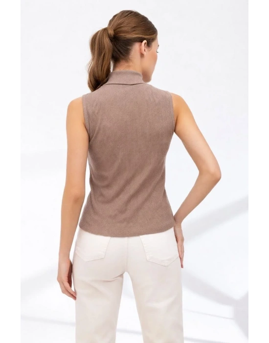 Kadın Yarım Balıkçı Yaka Fitilli Kaşkorse Atlet Basic Şık Bluz Badi - Bej