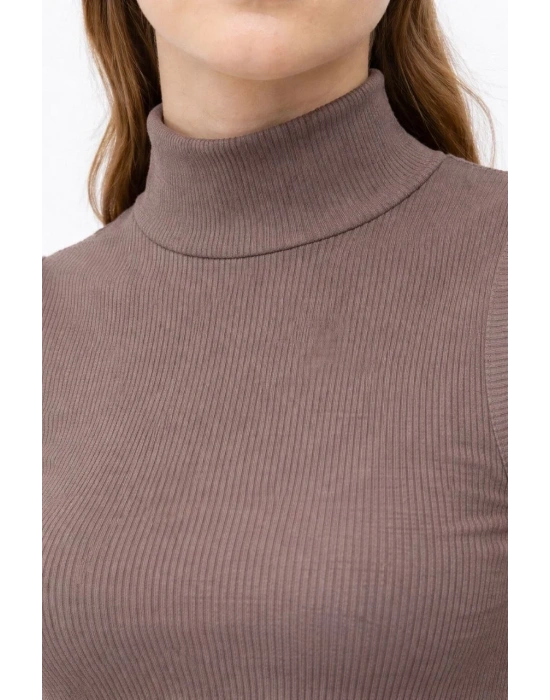 Kadın Yarım Balıkçı Yaka Fitilli Kaşkorse Atlet Basic Şık Bluz Badi - Kahverengi