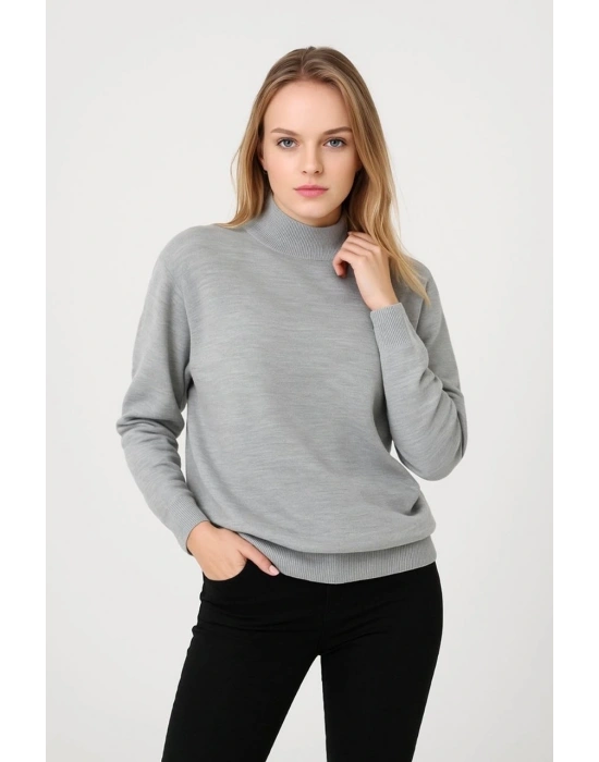 Kadın Yarım Boğaz Triko Kazak yumuşak dokulu Pamuklu ince Dokuma uzun kollu Regular - Gri