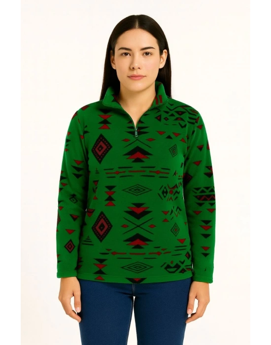 Kadın Yarım Fermuarlı Desenli Polar Sweat Tribal Etnik Desen Yakalı Uzun Kollu - Yeşil