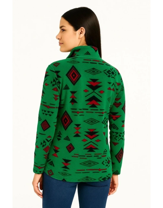Kadın Yarım Fermuarlı Desenli Polar Sweat Tribal Etnik Desen Yakalı Uzun Kollu - Yeşil
