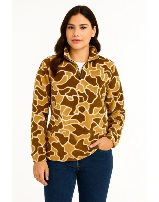 KADIN Yarım Fermuarlı Desenli Polar Sweat Yakalı, Uzun Kollu, Oversize Rahat Kalıp - Kahverengi