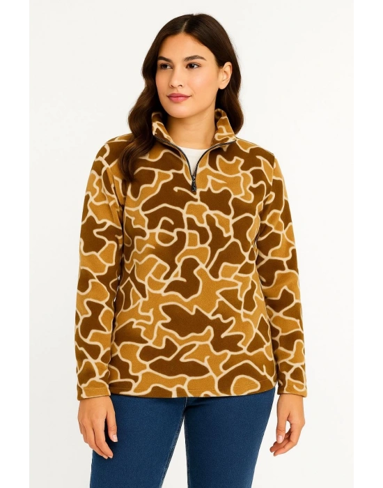 KADIN Yarım Fermuarlı Desenli Polar Sweat Yakalı, Uzun Kollu, Oversize Rahat Kalıp - Kahverengi