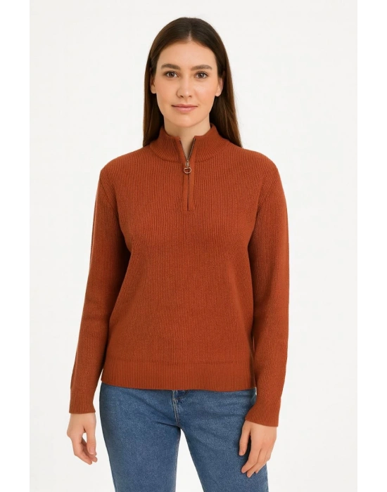 KADIN Yarım Fermuarlı Triko Kazak Selanik Örgü Dik Yaka Pamuklu Dokuma Oversize - Kiremit