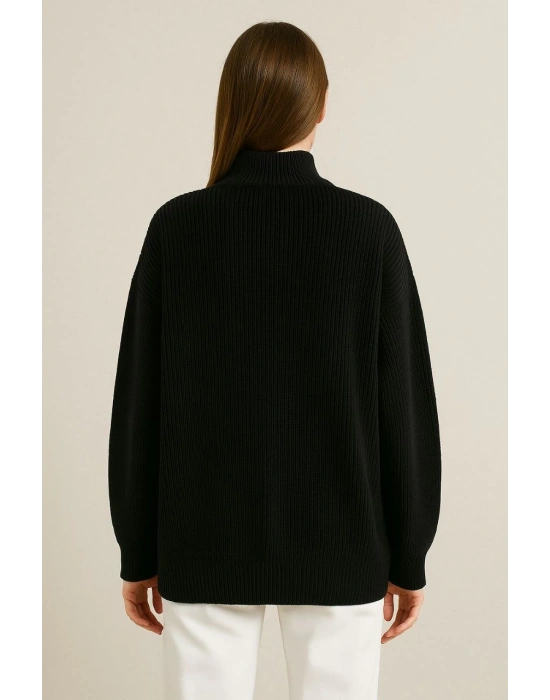 KADIN Yarım Fermuarlı Triko Kazak Selanik Örgü Dik Yaka Pamuklu Dokuma Oversize - Siyah