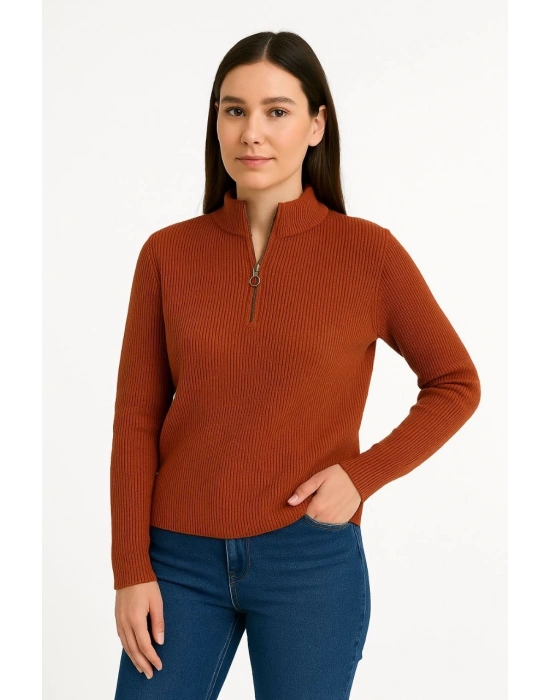 KADIN Yarım Fermuarlı Triko Kazak Selanik Örgü Dik Yaka Pamuklu Dokuma Oversize - Kiremit