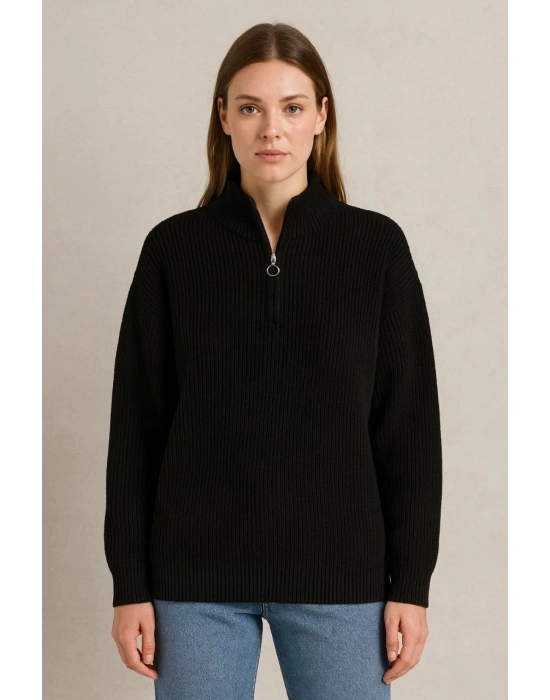 KADIN Yarım Fermuarlı Triko Kazak Selanik Örgü Dik Yaka Pamuklu Dokuma Oversize - Siyah