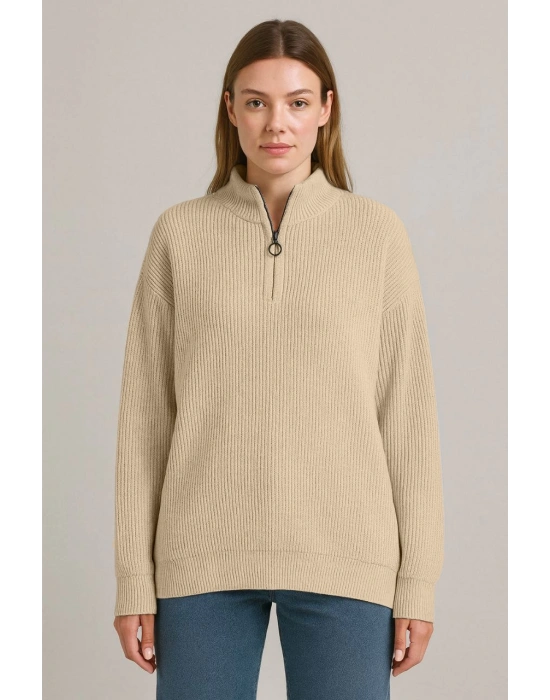 KADIN Yarım Fermuarlı Triko Kazak Selanik Örgü Dik Yaka Pamuklu Dokuma Oversize Uzun - Bej