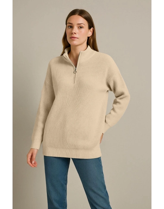 KADIN Yarım Fermuarlı Triko Kazak Selanik Örgü Dik Yaka Pamuklu Dokuma Oversize Uzun - Bej