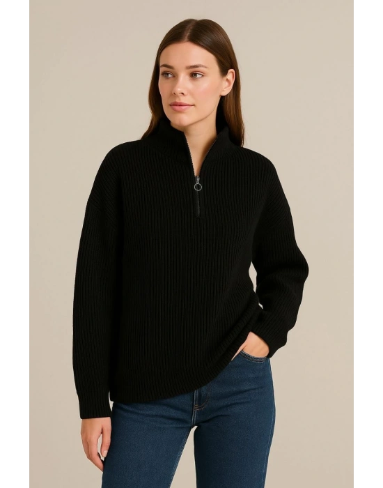 KADIN Yarım Fermuarlı Triko Kazak Selanik Örgü Dik Yaka Pamuklu Dokuma Oversize - Siyah