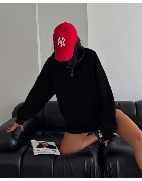 Kadın Yarım Fermuarlı Üç İplik Sweatshirt - Siyah