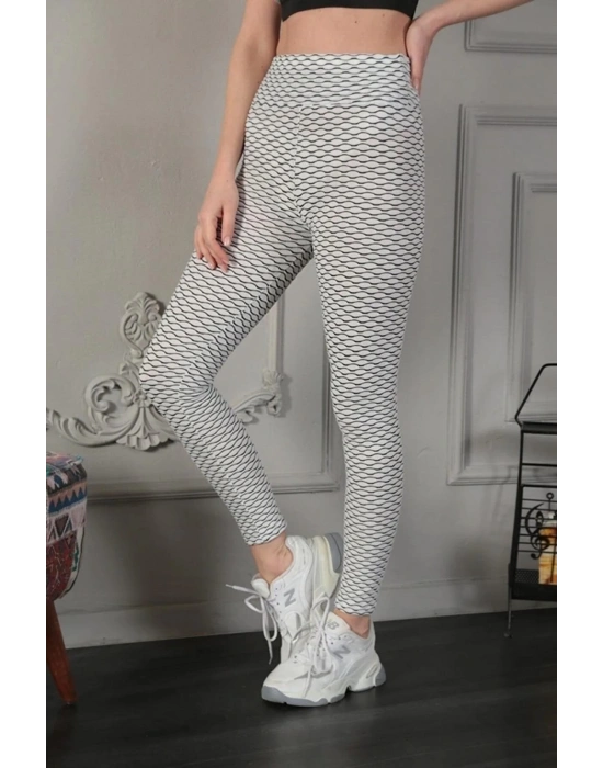 Kadın Yüksek Bel Toparlayıcı Likralı Büzgülü Tayt - Beyaz