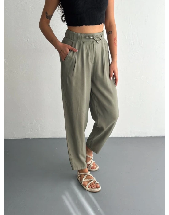 Kadın Yüksel Bel Beli Bağcıklı Cepli Rahat Paça Pantalon - Su Yeşili