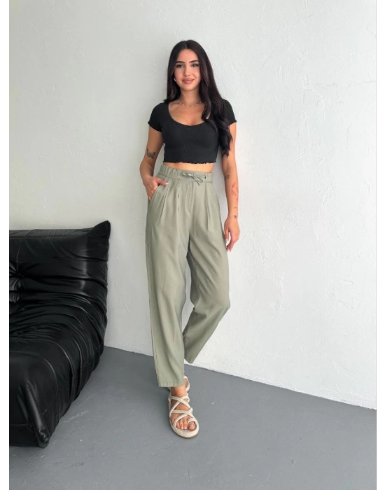 Kadın Yüksel Bel Beli Bağcıklı Cepli Rahat Paça Pantalon - Su Yeşili