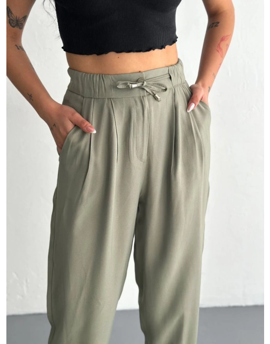 Kadın Yüksel Bel Beli Bağcıklı Cepli Rahat Paça Pantalon - Su Yeşili
