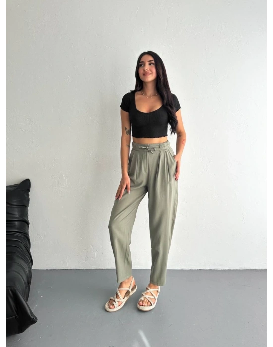 Kadın Yüksel Bel Beli Bağcıklı Cepli Rahat Paça Pantalon - Su Yeşili