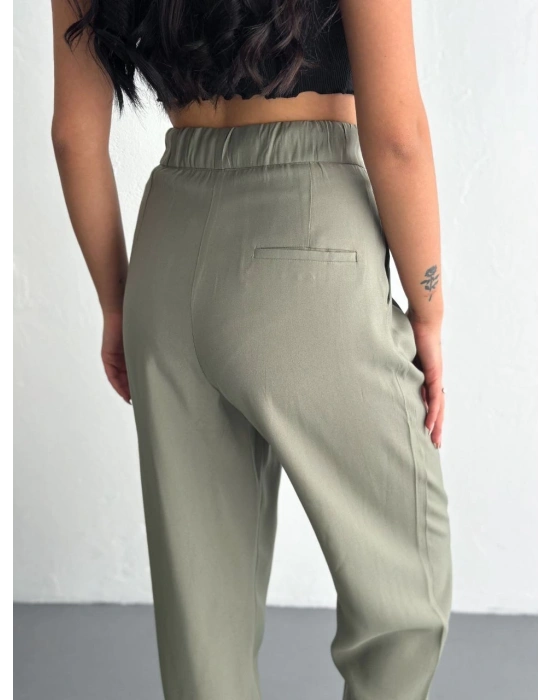 Kadın Yüksel Bel Beli Bağcıklı Cepli Rahat Paça Pantalon - Su Yeşili