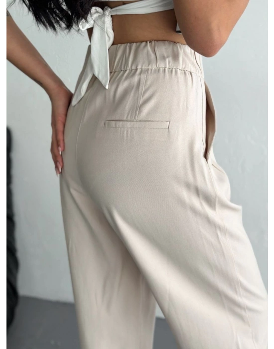 Kadın Yüksel Bel Beli Bağcıklı Rahat Boru Paça Pantalon - Kırık Beyaz