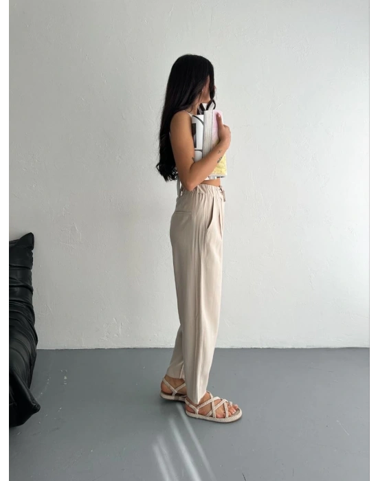 Kadın Yüksel Bel Beli Bağcıklı Rahat Boru Paça Pantalon - Kırık Beyaz