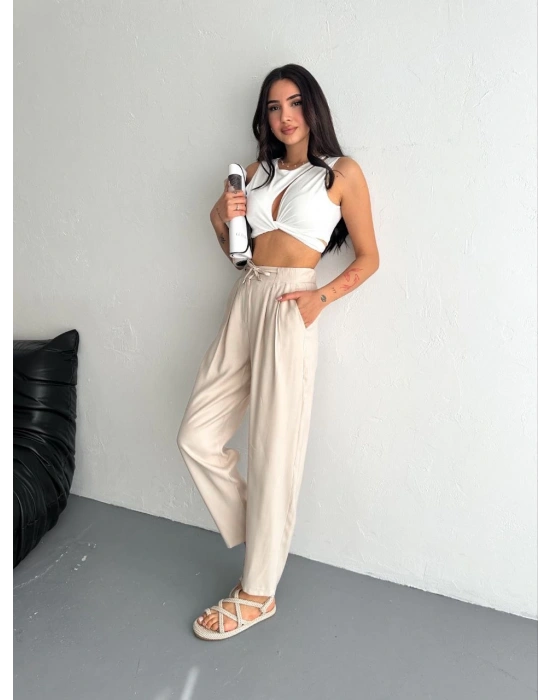 Kadın Yüksel Bel Beli Bağcıklı Rahat Boru Paça Pantalon - Kırık Beyaz