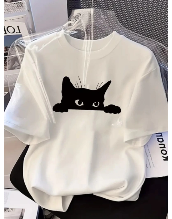 Kadınlar için Siyah Kedi Grafik Tişört - Oversize Kısa Kollu Üst Nefes Alabilir - Beyaz
