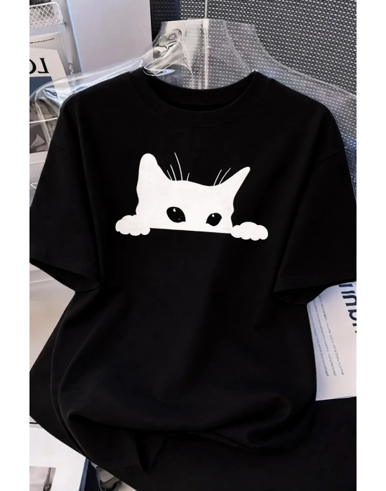 Kadınlar için Siyah Kedi Grafik Tişört - Oversize Kısa Kollu Üst Nefes Alabilir - Siyah