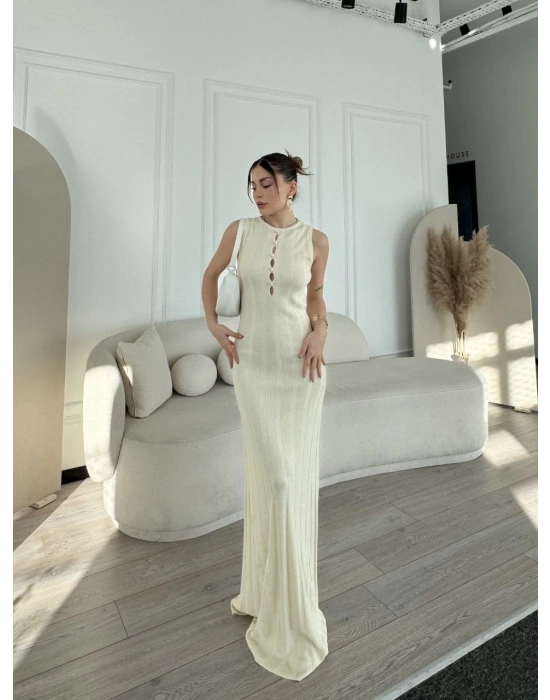 Kalın Fitilli Uzun Triko Elbise - Kırık Beyaz