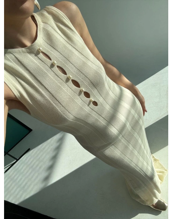 Kalın Fitilli Uzun Triko Elbise - Kırık Beyaz