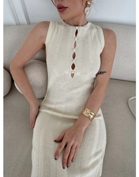 Kalın Fitilli Uzun Triko Elbise - Kırık Beyaz