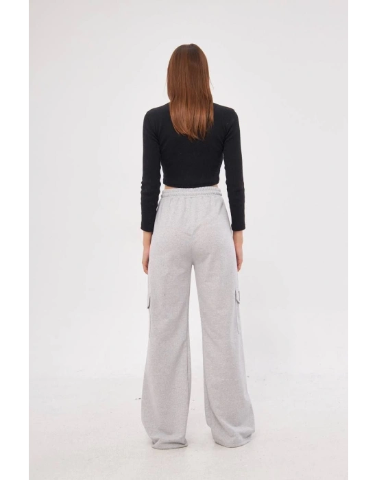 Kargo Cepli Palazzo Oversize Kesim İki iplik Bol Paça Eşofman Altı Pantalon - Gri
