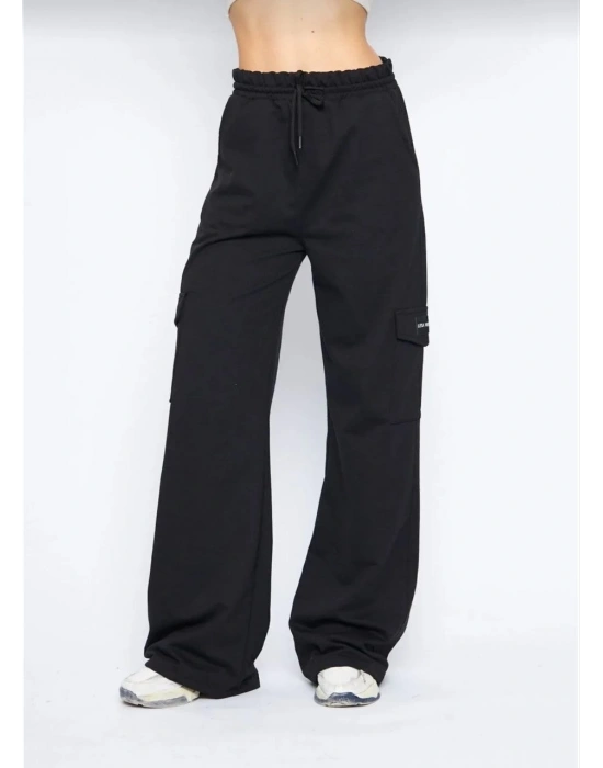 Kargo Cepli Palazzo Oversize Kesim İki iplik Bol Paça Eşofman Altı Pantalon - Siyah