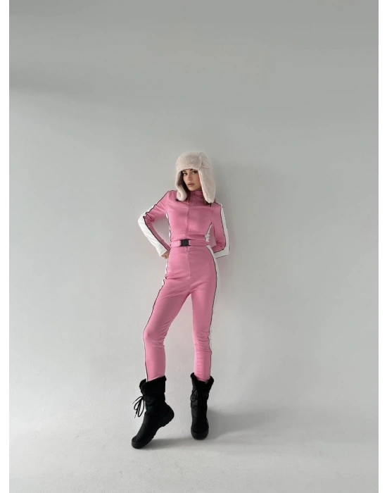 Kemer Detaylı Fermuarlı Tulum - Pembe