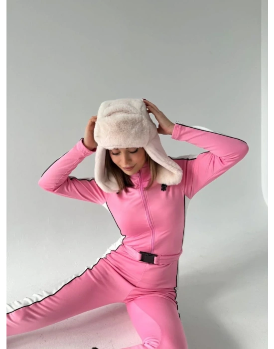 Kemer Detaylı Fermuarlı Tulum - Pembe