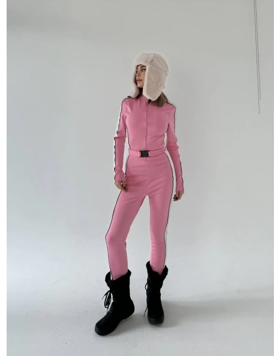 Kemer Detaylı Fermuarlı Tulum - Pembe