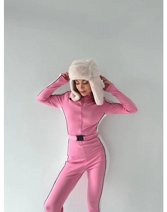 Kemer Detaylı Fermuarlı Tulum - Pembe