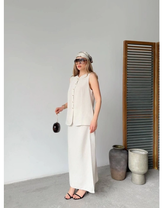 Keten Kolsuz Sıfır Yaka İlik Düğmeli Kolsuz Hırka Etek ikili Takım - Beyaz