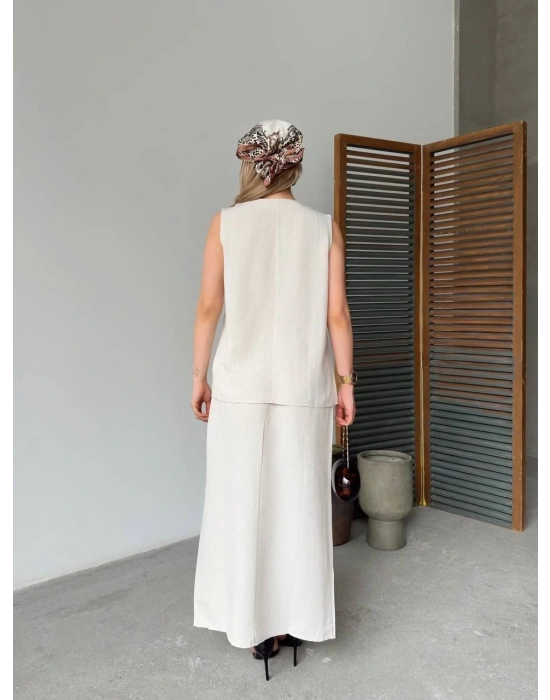 Keten Kolsuz Sıfır Yaka İlik Düğmeli Kolsuz Hırka Etek ikili Takım - Beyaz