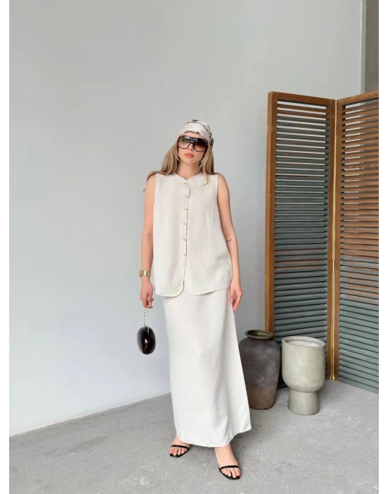 Keten Kolsuz Sıfır Yaka İlik Düğmeli Kolsuz Hırka Etek ikili Takım - Beyaz