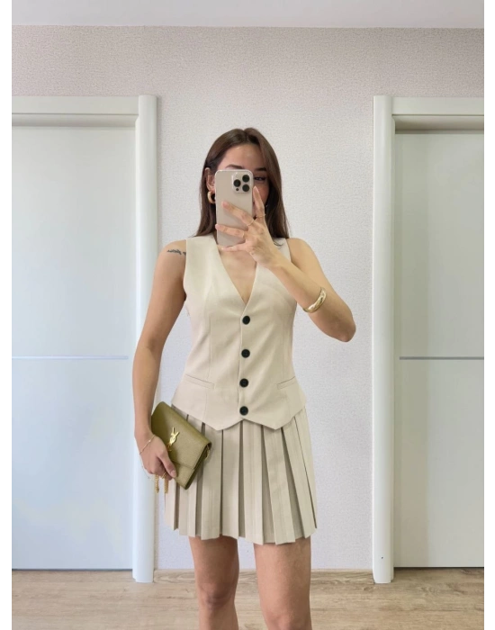 Keten Takım Görünümlü Düğme Detaylı Yelekli Mini Elbise - Bej