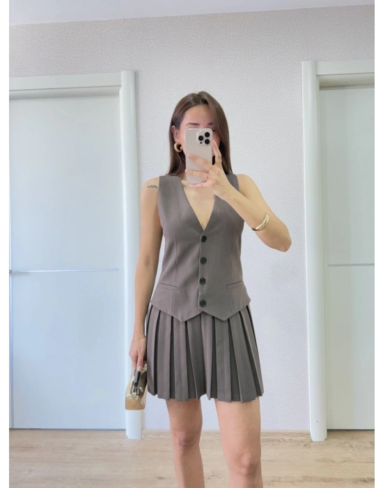 Keten Takım Görünümlü Düğme Detaylı Yelekli Mini Elbise - Füme