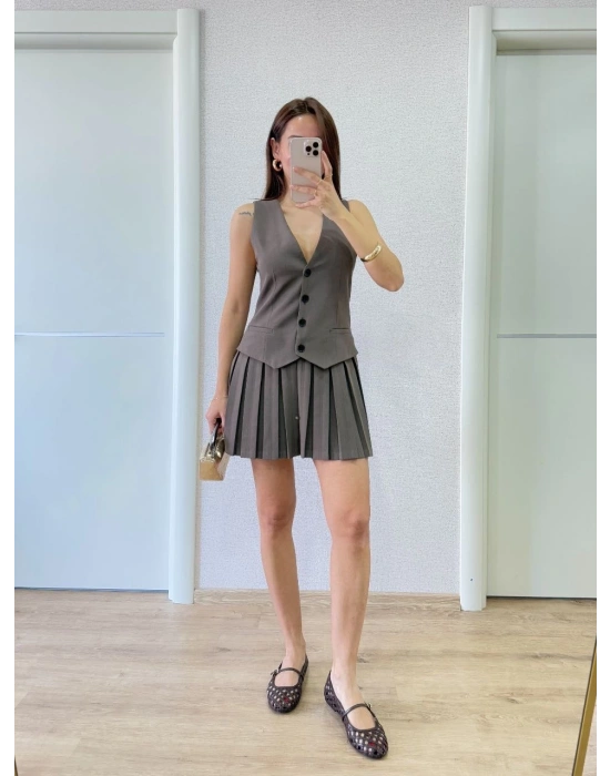 Keten Takım Görünümlü Düğme Detaylı Yelekli Mini Elbise - Füme