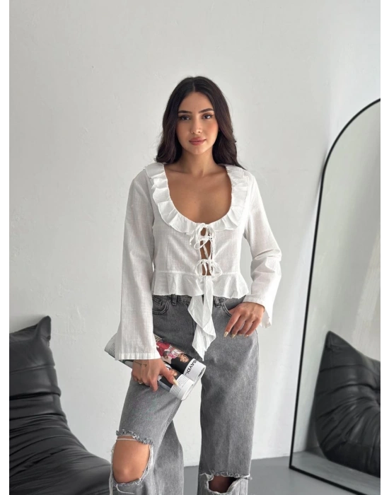 Keten Uzun Kol Bağacık Detaylı Bluz - Beyaz
