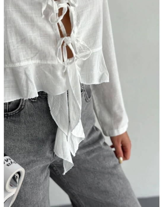 Keten Uzun Kol Bağacık Detaylı Bluz - Beyaz