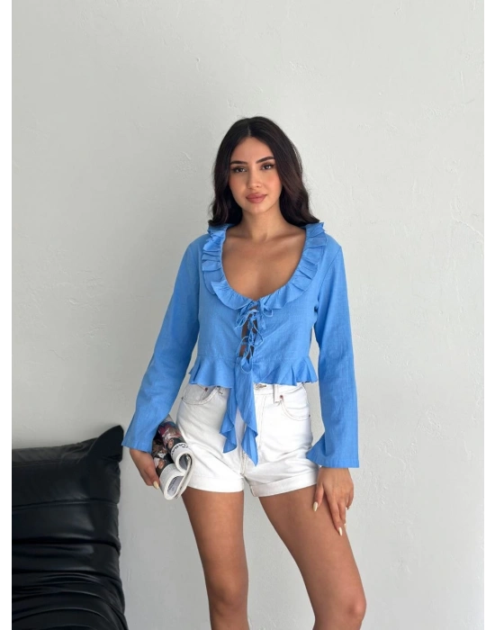Keten Uzun Kol Bağacık Detaylı Bluz - Mavi