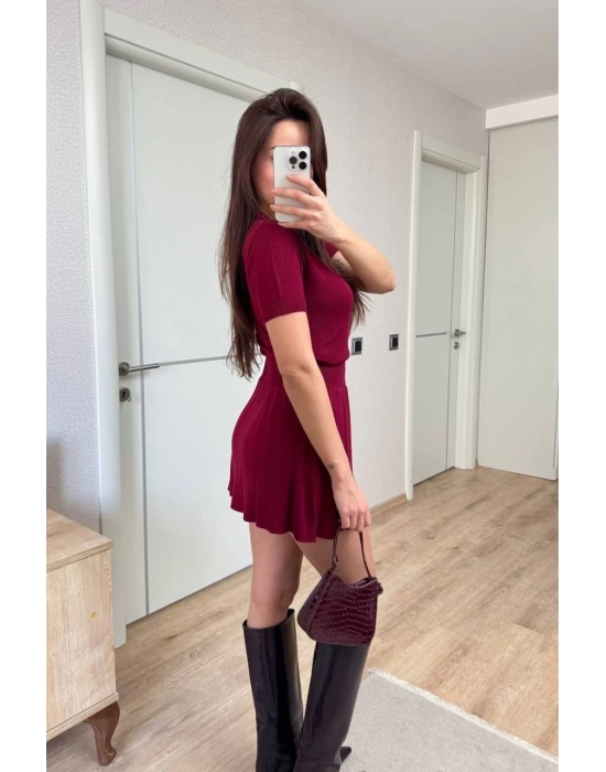 Kısa Kollu Bluz Mini Etekli ikili Takım Triko - Bordo