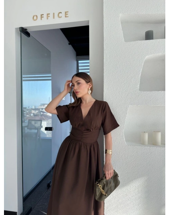 Kısa Kollu Uzun Elbise - Kahve