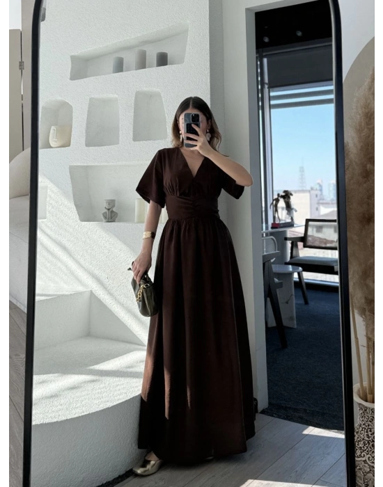 Kısa Kollu Uzun Elbise - Kahve