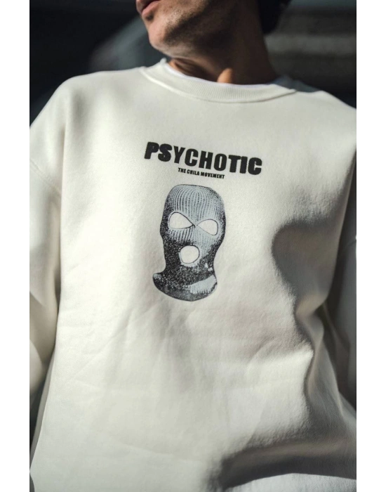 Kışlık Bisiklet Yaka Baskılı SweatShirt - Beyaz